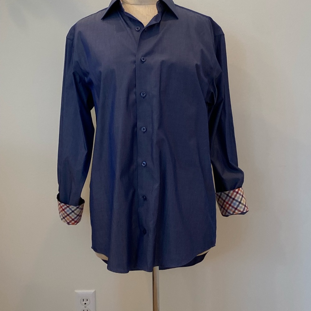 Lorenzo Uomo Mens Blue Dress Shirt w Contrasting Plaid Cuff Collar  /16 32-33